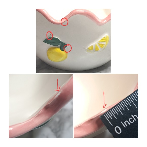 Luna & Sage Set of 2 Lemon Theme Bowls With Pink Scallop Rim Kitchen Dinnerware - Picture 7 of 10